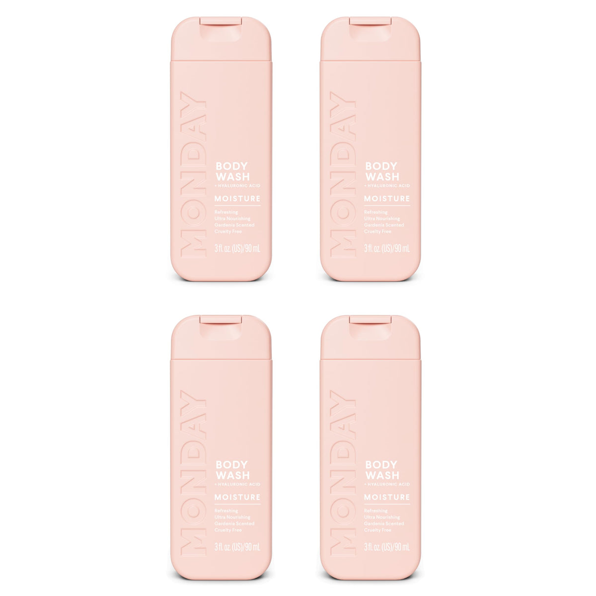 MONDAY HAIRCARE front packaging showing four 90ml travel bottles and gardenia scent benefit