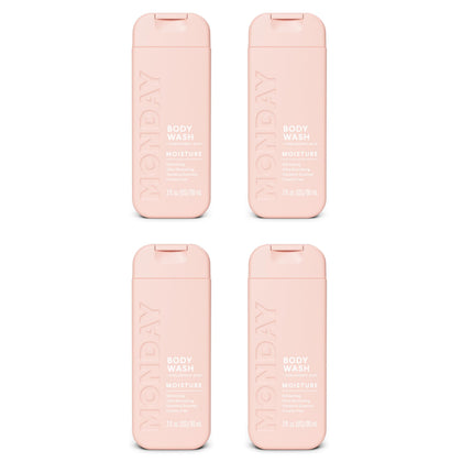 MONDAY HAIRCARE front packaging showing four 90ml travel bottles and gardenia scent benefit