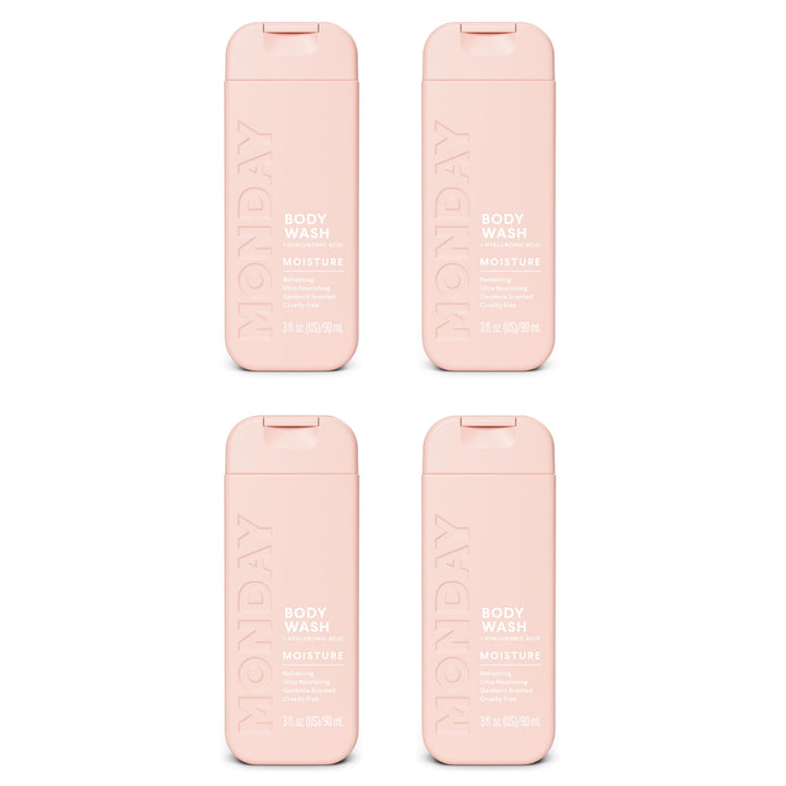 MONDAY HAIRCARE front packaging showing four 90ml travel bottles and gardenia scent benefit