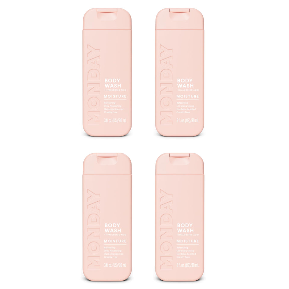 MONDAY HAIRCARE front packaging showing four 90ml travel bottles and gardenia scent benefit