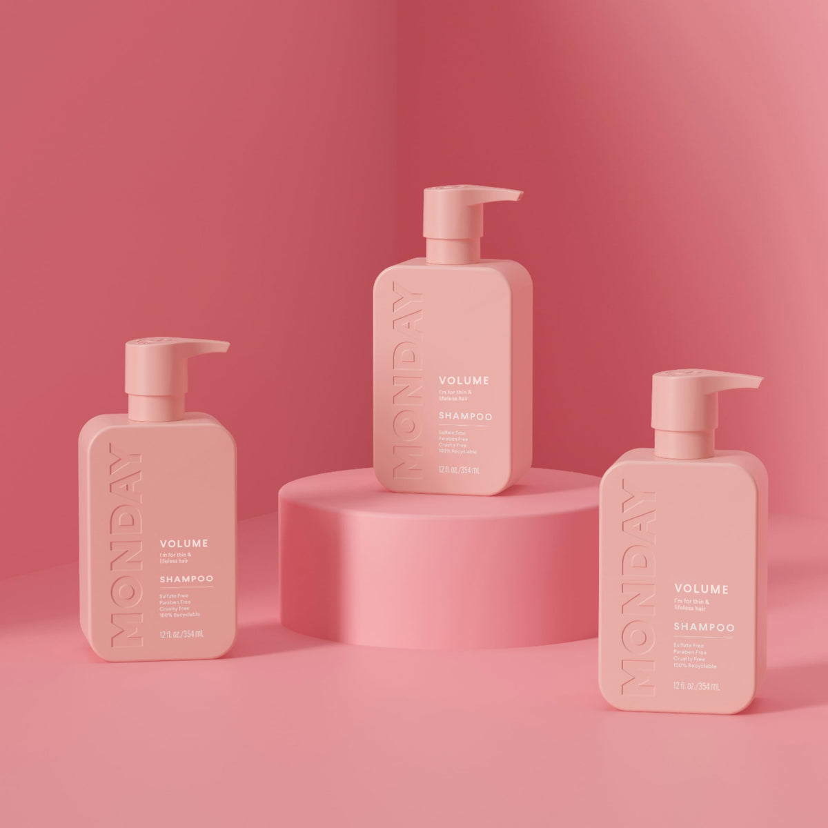 MONDAY HAIRCARE recyclable bottles with symbol showing eco-friendly packaging