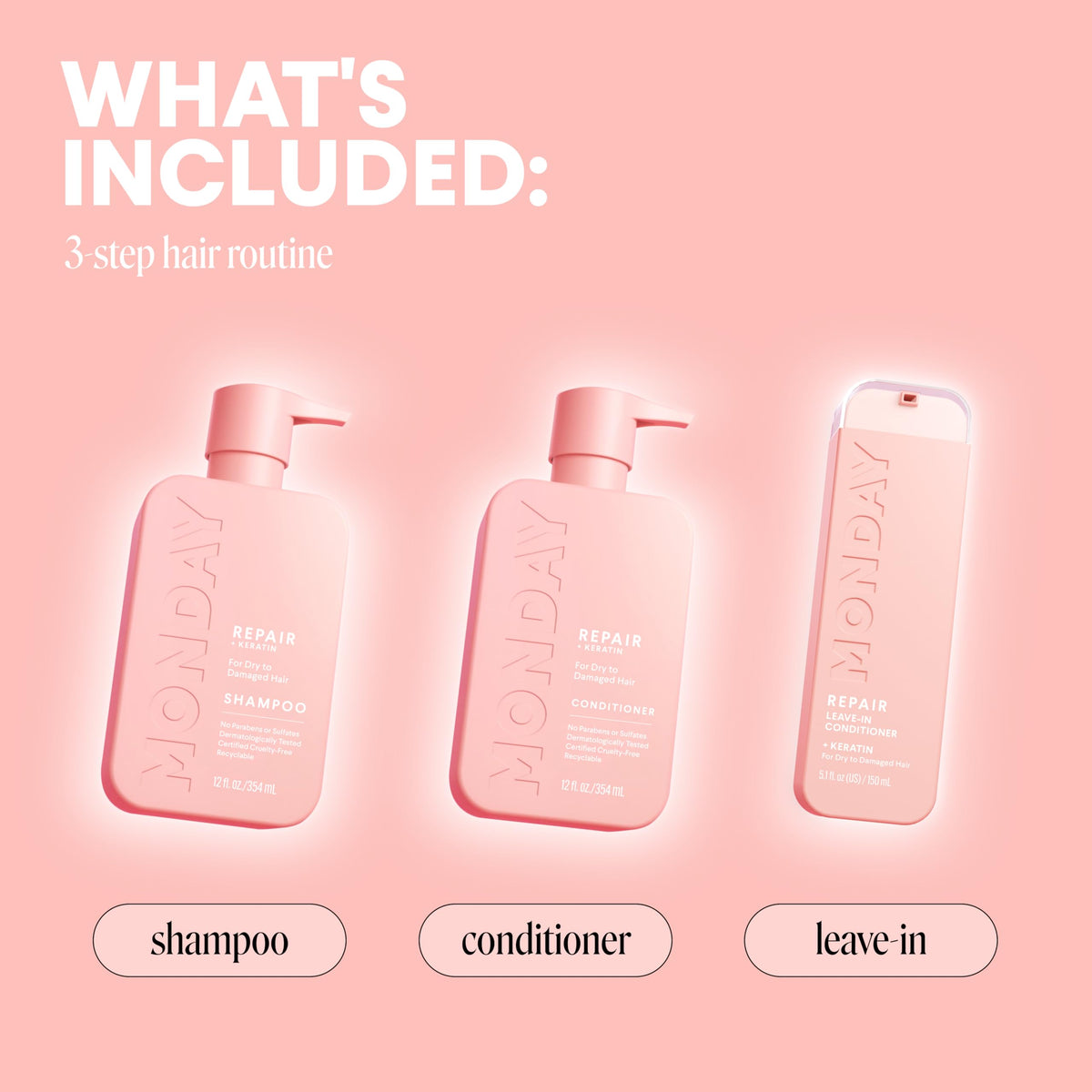 MONDAY Haircare bottles side profile illustrating cohesive three-step routine benefit