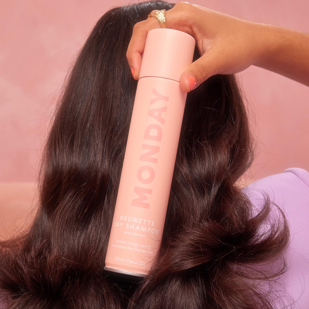 MONDAY HAIRCARE BRUNETTE label highlighting keratin and clean-ingredient benefits