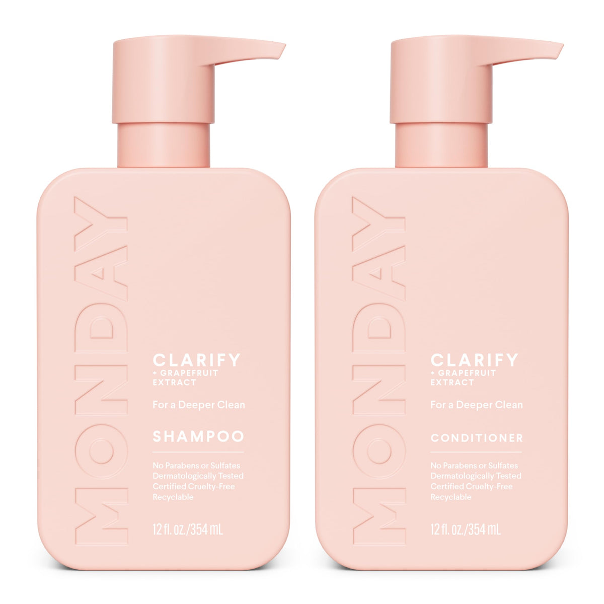 MONDAY HAIRCARE front packaging showing clarifying duo and clean benefits