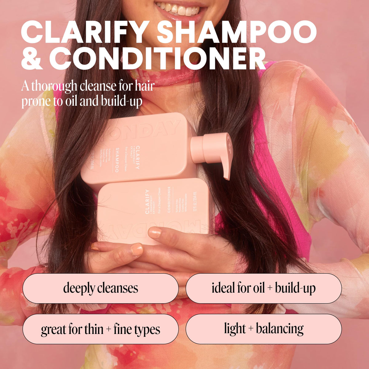 MONDAY HAIRCARE pump and label detail highlighting product information and ease