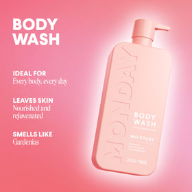 MONDAY HAIRCARE pump and label detail highlighting ingredients and claims