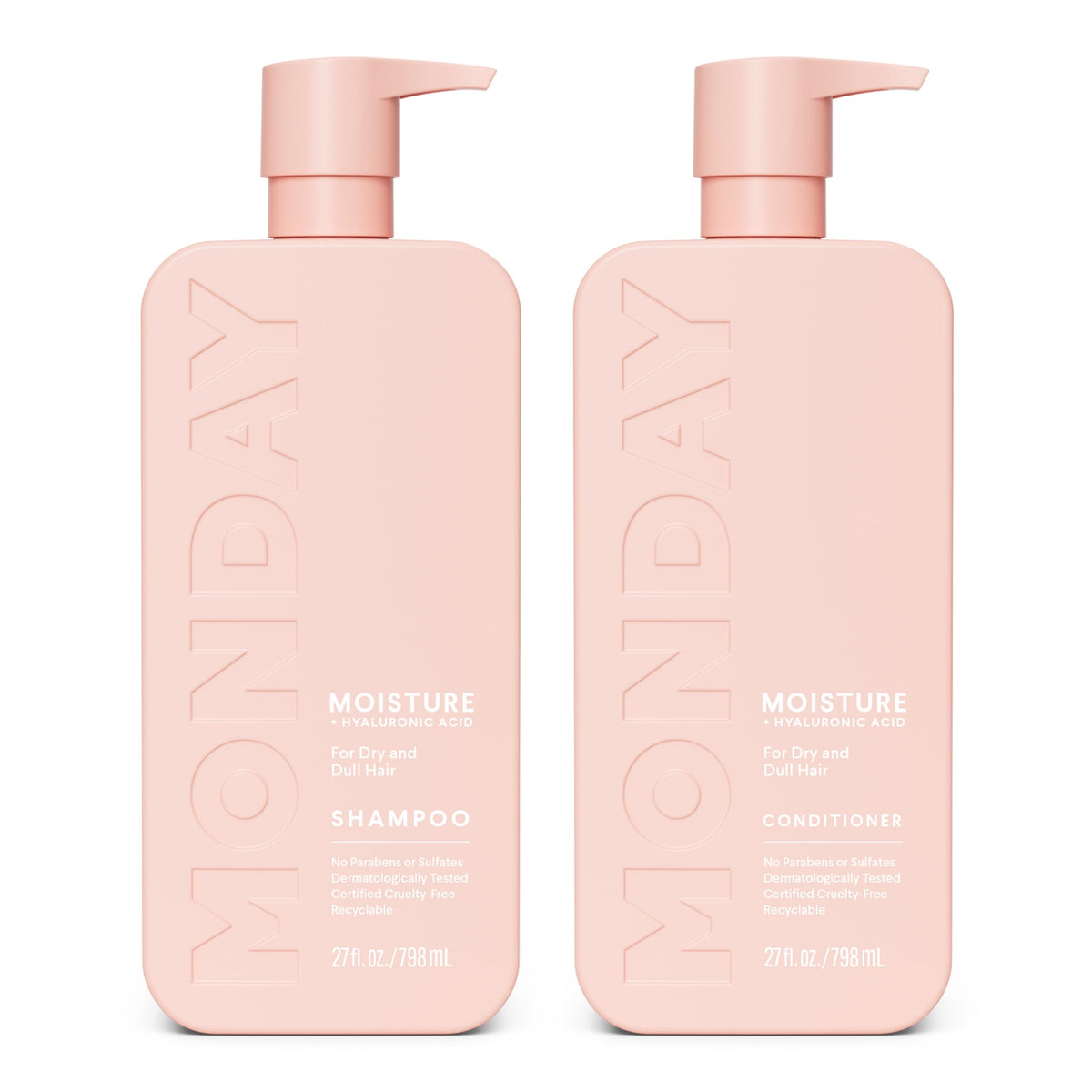 MONDAY HAIRCARE front packaging showing moisture shampoo and conditioner for hydration