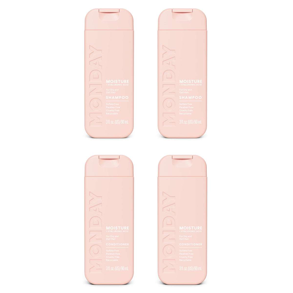 MONDAY HAIRCARE front packaging of moisture shampoo and conditioner showing brand