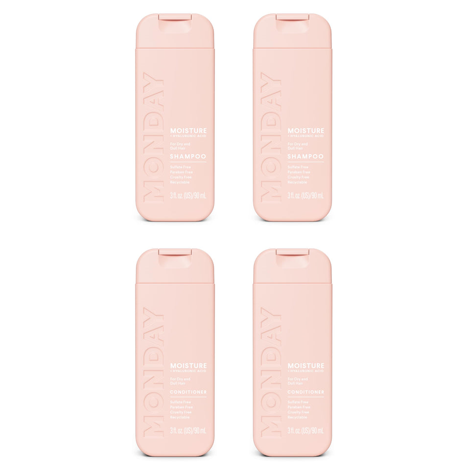 MONDAY HAIRCARE front packaging of moisture shampoo and conditioner showing brand