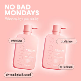 MONDAY HAIRCARE bottle in hand to show 12 fl oz size and travel-friendly scale