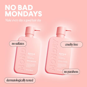 MONDAY HAIRCARE bottles arranged in shower setting conveying everyday styling ease