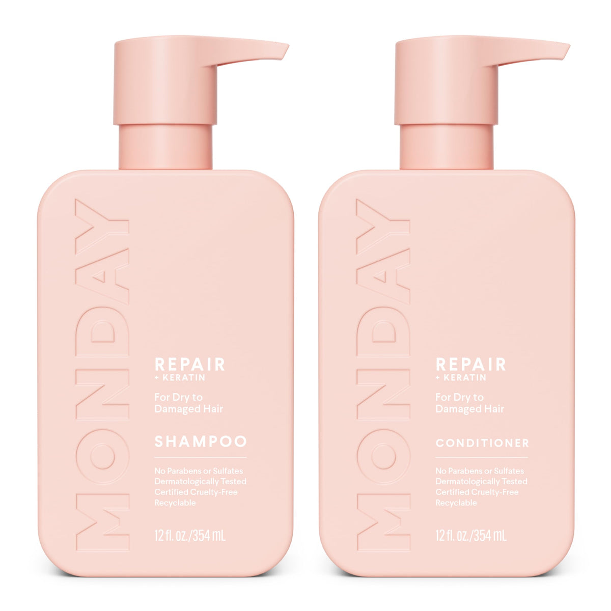 MONDAY HAIRCARE front packaging showing repair duo and neat shower-ready design