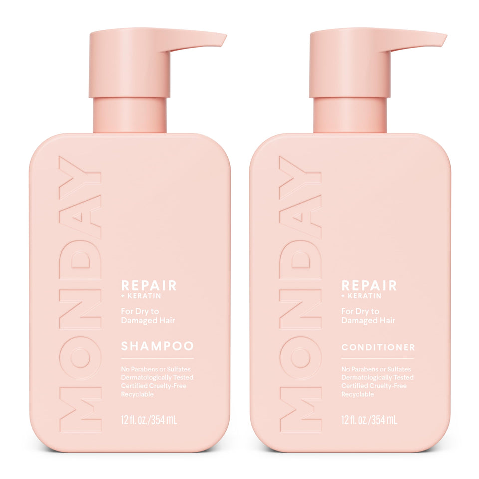 MONDAY HAIRCARE front packaging showing repair duo and neat shower-ready design