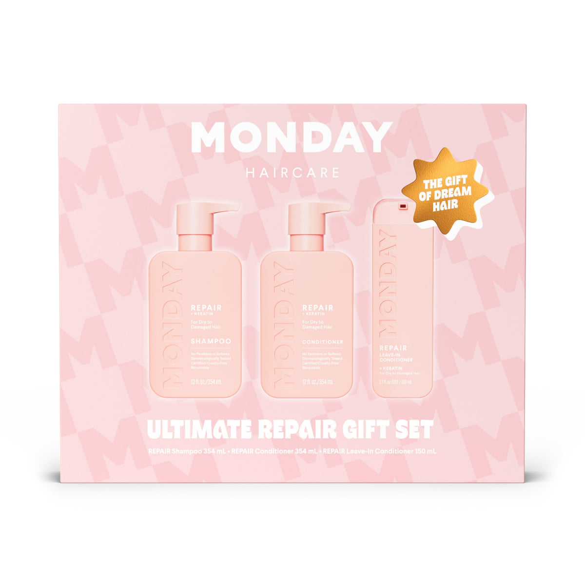 MONDAY Haircare gift set front packaging showing trio and nourishing benefit