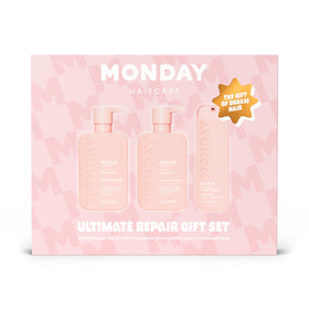 MONDAY Haircare gift set front packaging showing trio and nourishing benefit