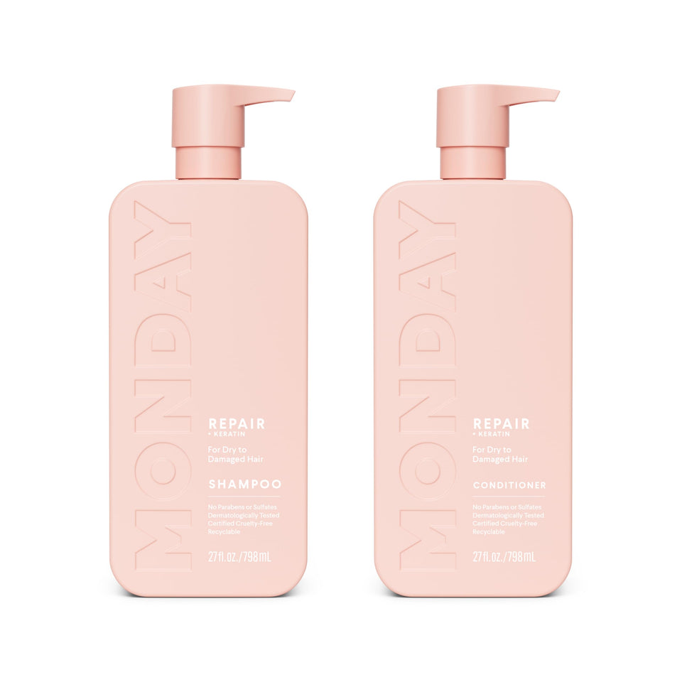 MONDAY HAIRCARE front packaging of repair shampoo and conditioner shows set and benefits