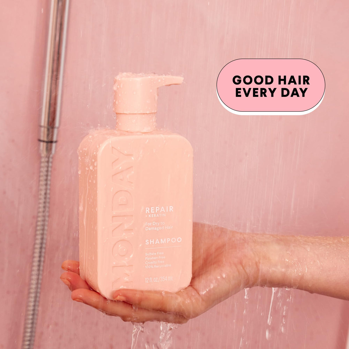 MONDAY HAIRCARE shampoo lather texture demonstrating gentle cleansed, hydrated hair
