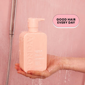 MONDAY HAIRCARE shampoo lather texture demonstrating gentle cleansed, hydrated hair