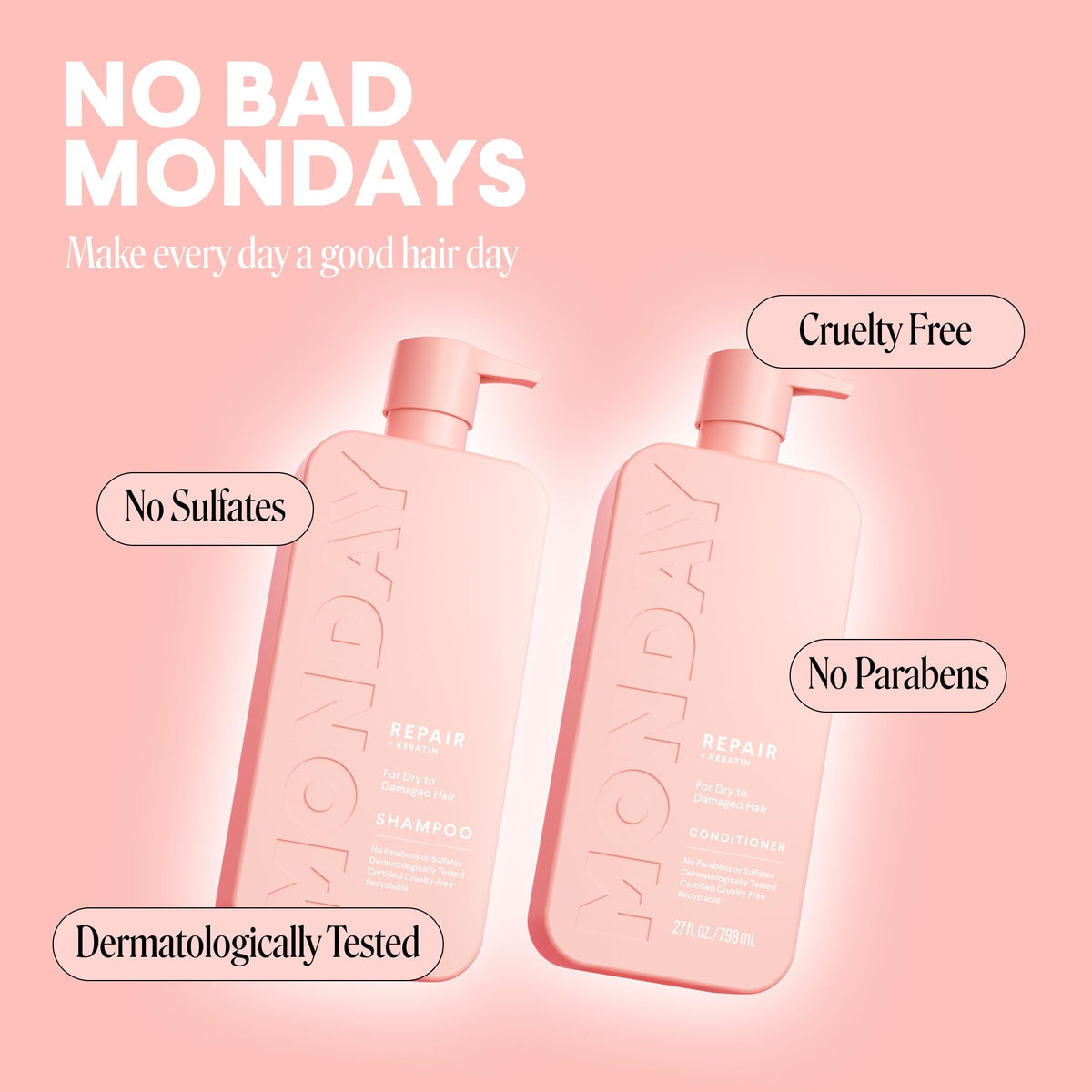MONDAY HAIRCARE 798ml set beside common items showing true size and value