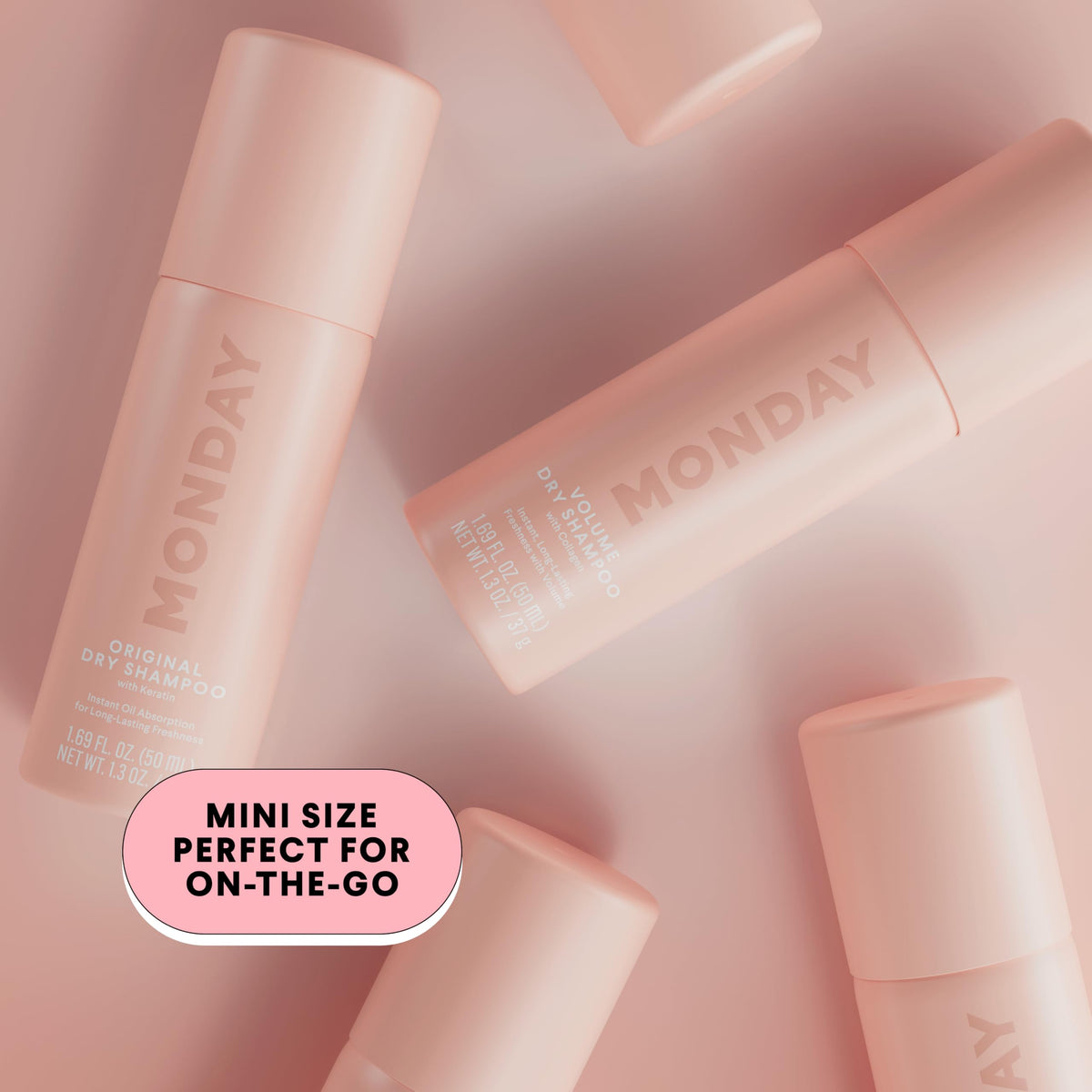 MONDAY HAIRCARE held in hand to show 50ml travel size and convenience