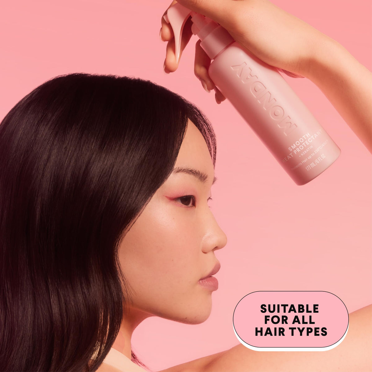 MONDAY HAIRCARE applying spray to damp hair for smoother blow-dry
