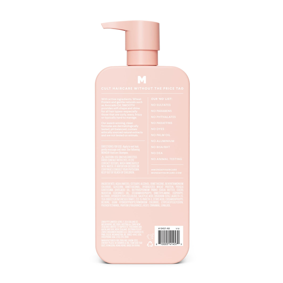 MONDAY HAIRCARE back label close-up highlighting ingredients and product claims