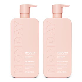 MONDAY HAIRCARE front packaging showing pink 27 oz bottles and benefits