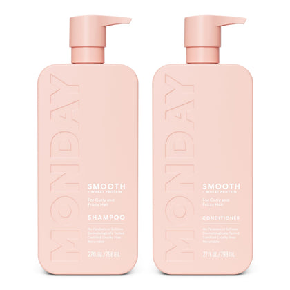 MONDAY HAIRCARE front packaging showing pink 27 oz bottles and benefits