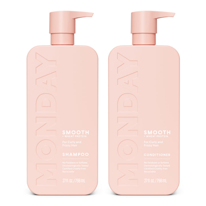 MONDAY HAIRCARE front packaging showing pink 27 oz bottles and benefits