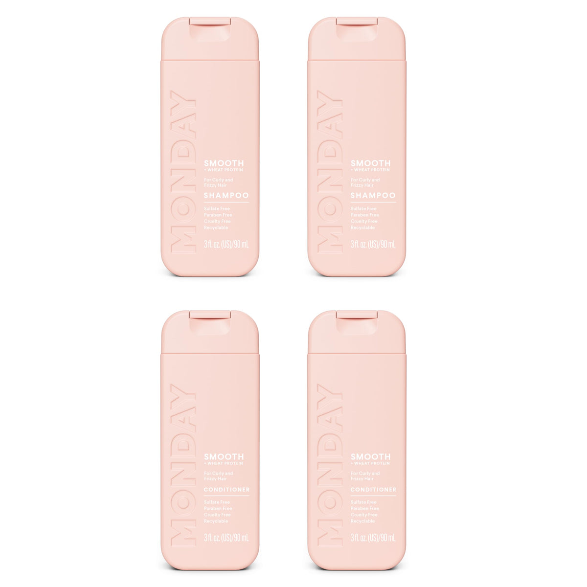 MONDAY HAIRCARE front packaging showing dual 90 mL bottles and travel-ready benefit