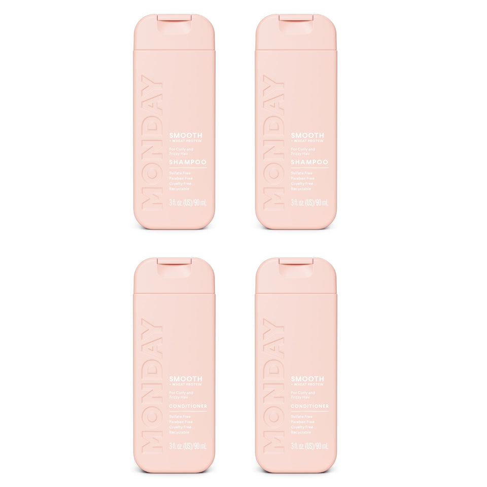 MONDAY HAIRCARE front packaging showing dual 90 mL bottles and travel-ready benefit