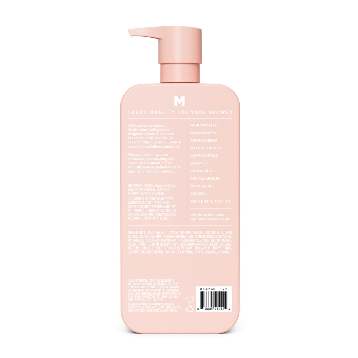 MONDAY HAIRCARE label close-up highlighting ingredients and certifications