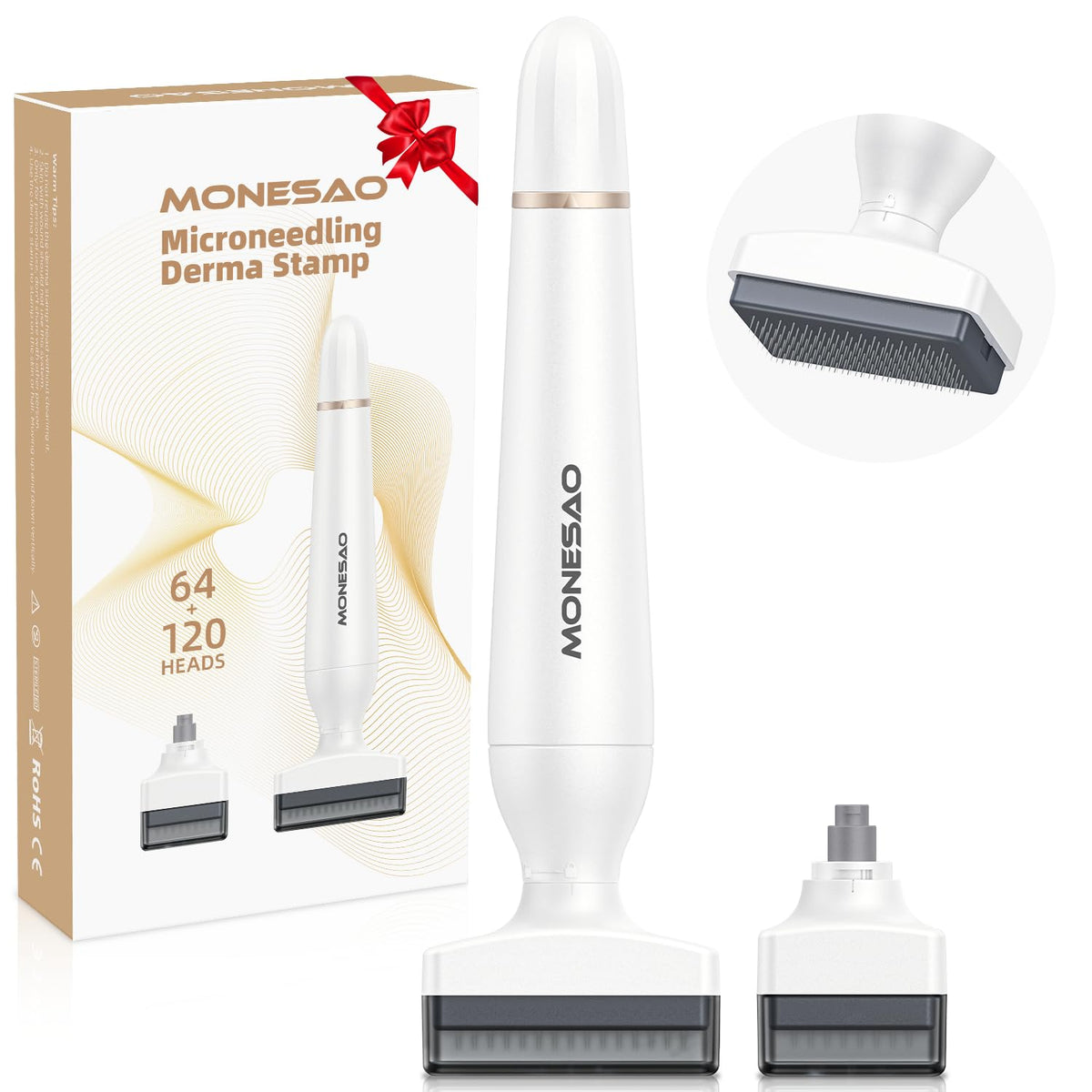 MONESAO derma stamp front view showing compact handheld design benefiting precision