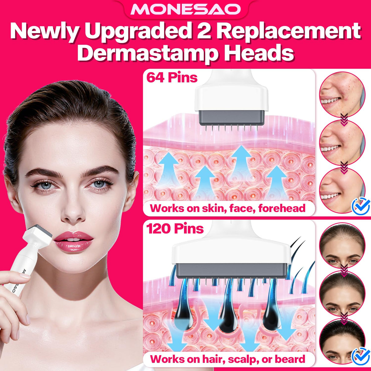 MONESAO derma stamp needle head close-up highlighting 0.25mm needles for controlled use