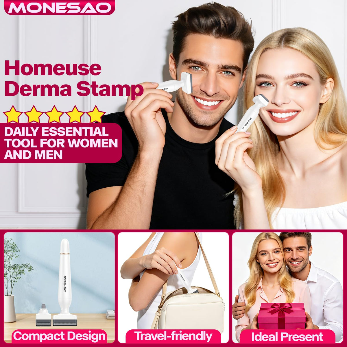 MONESAO derma stamp packaging and travel pouch emphasizing portability and storage benefit