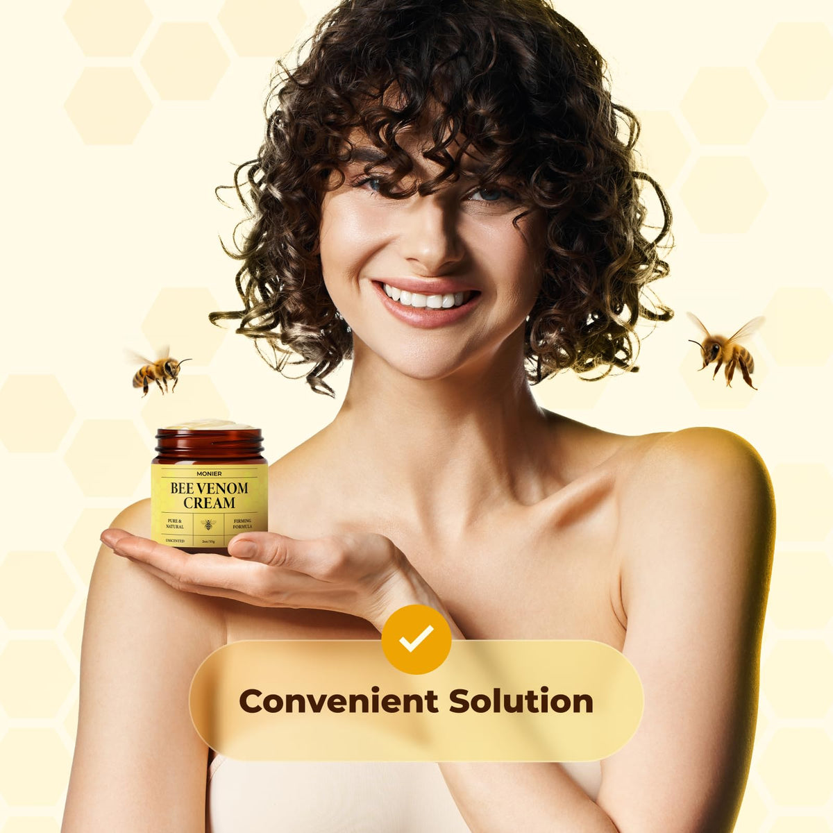 MONIER bee venom cream on bathroom shelf beside towel for everyday routine benefit