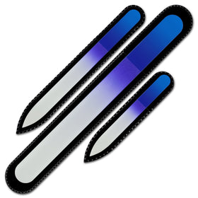 Mont Bleu front view of three glass files showing rainbow finish and pouch, durable travel-ready