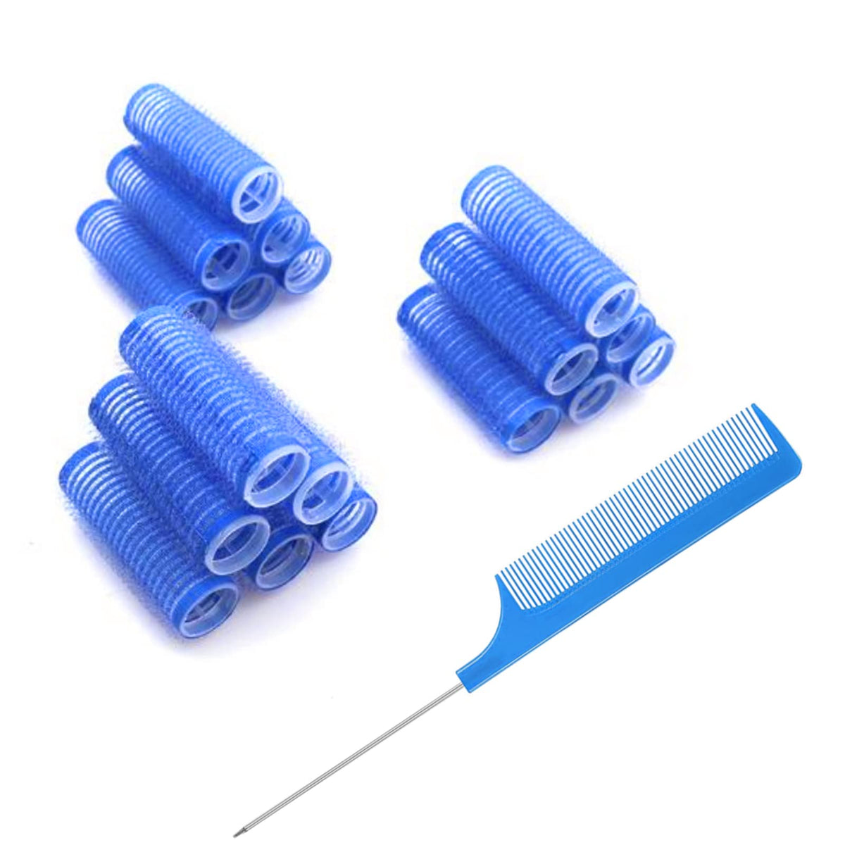 MOODKEY front view of 18 dark blue self-grip curlers showing complete set and comb, easy styling