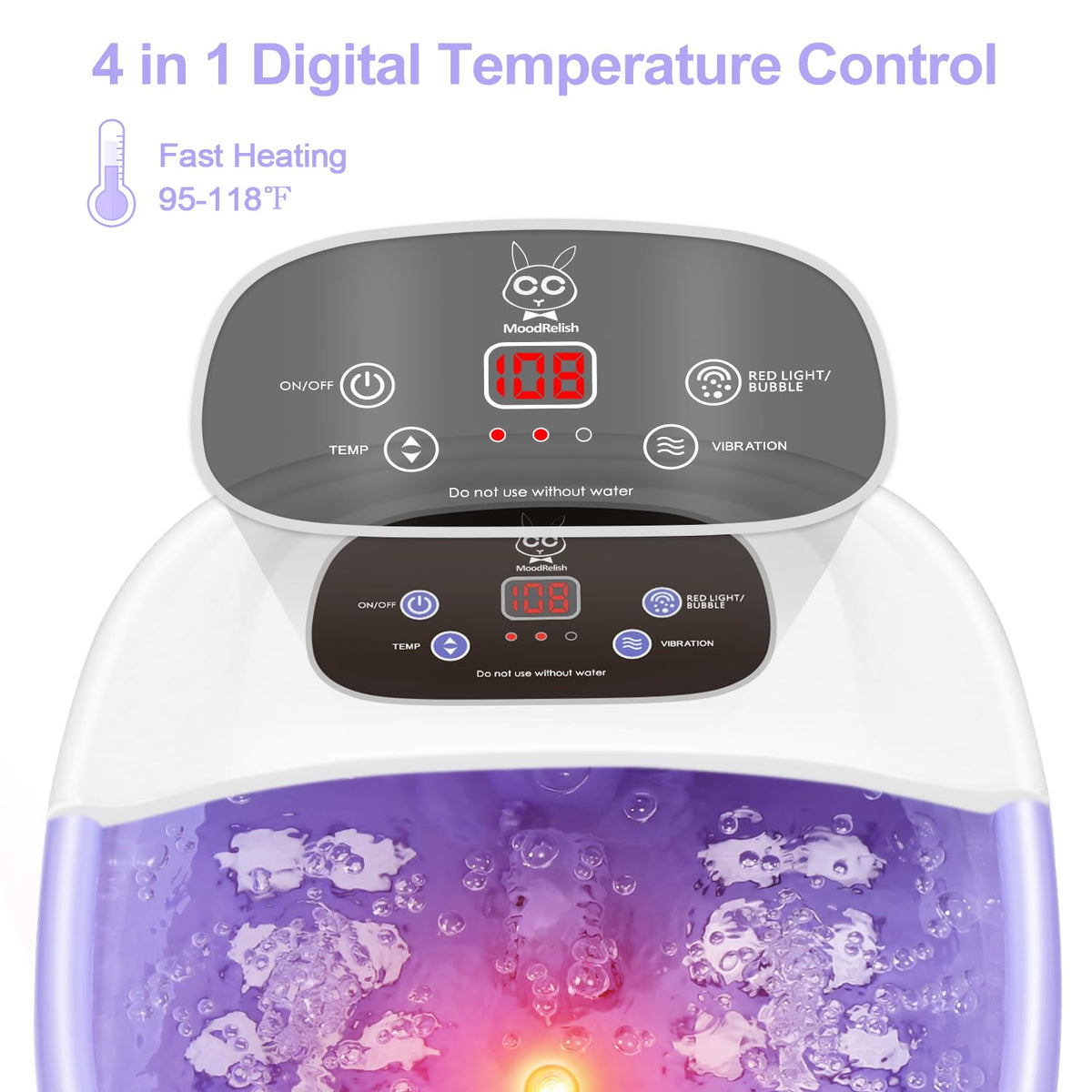 MoodRelish close-up of digital control panel with temperature and massage settings