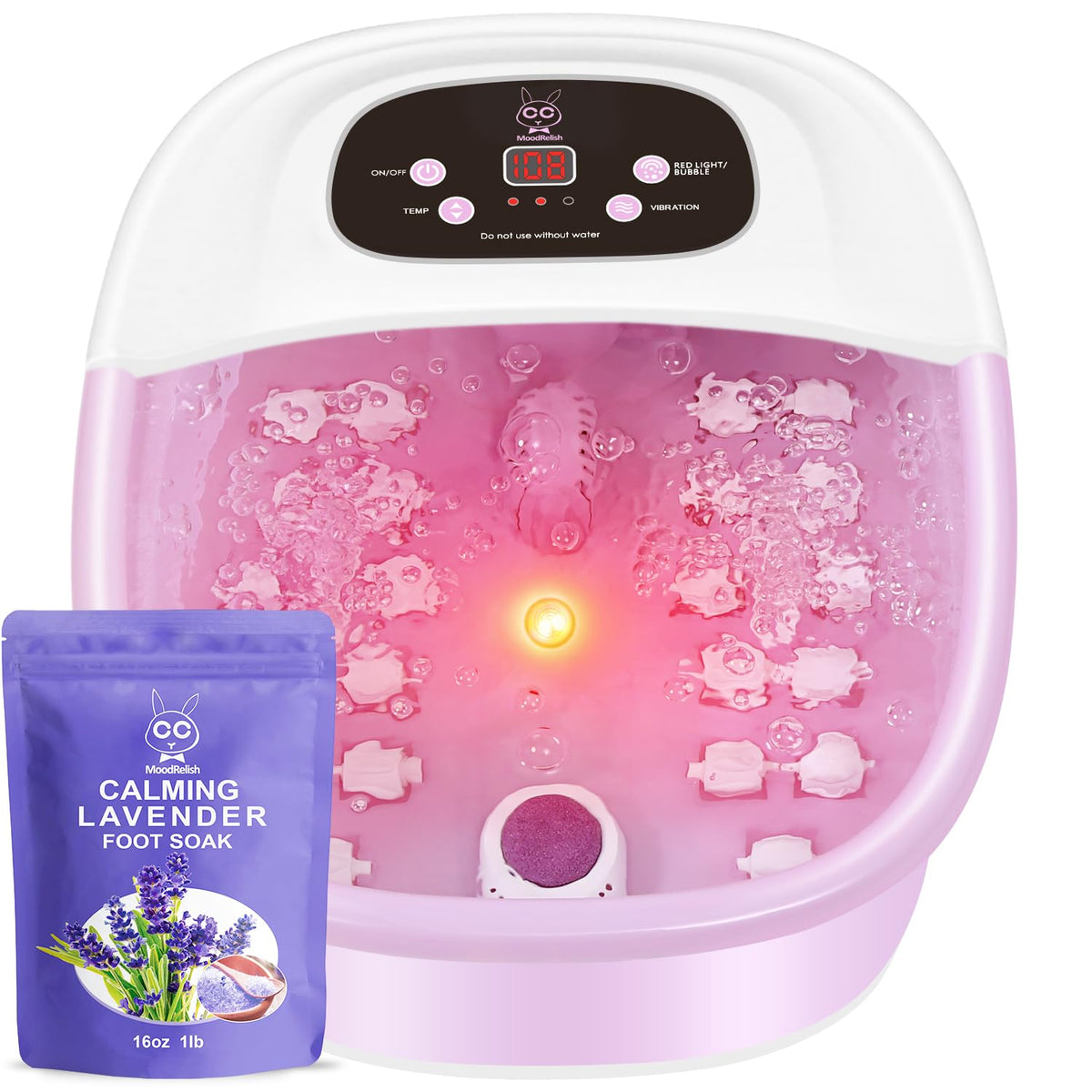 MoodRelish foot spa front view showing compact pink design and basin