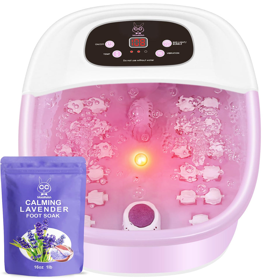 MoodRelish foot spa front view showing compact pink design and basin
