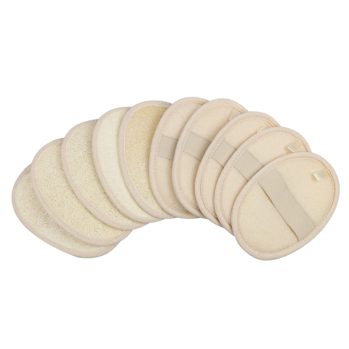 Mooerca front view of 10-pack loofah pads showing eco-friendly packaging and quantity benefit