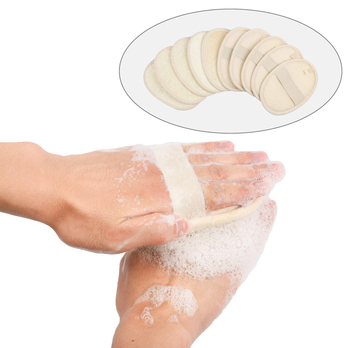 Mooerca hand slipping into pad demonstrating easy, controlled exfoliation while bathing