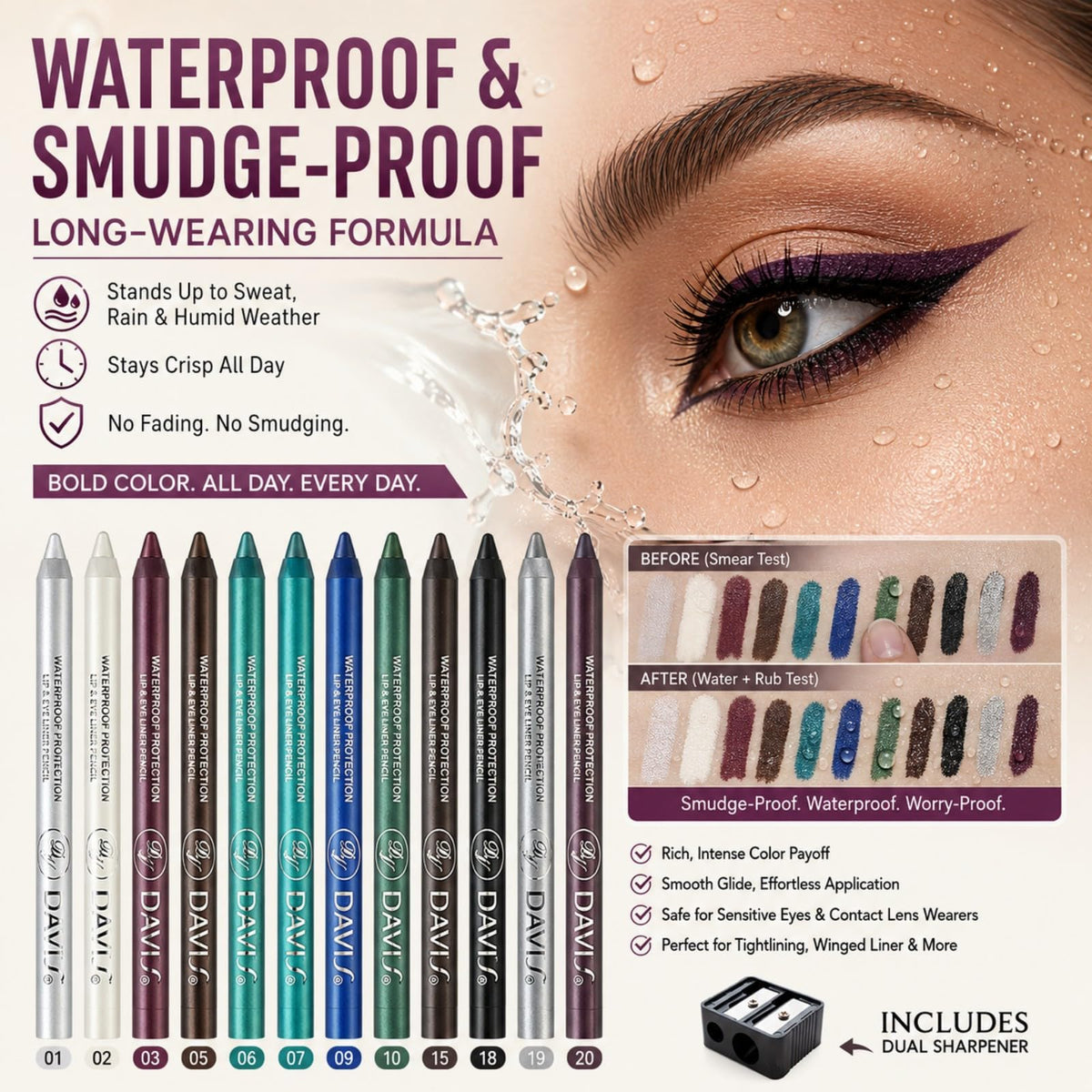 MooGlamor pencil creating a sharp wing on an eye illustrating smooth glide benefit crisp lines