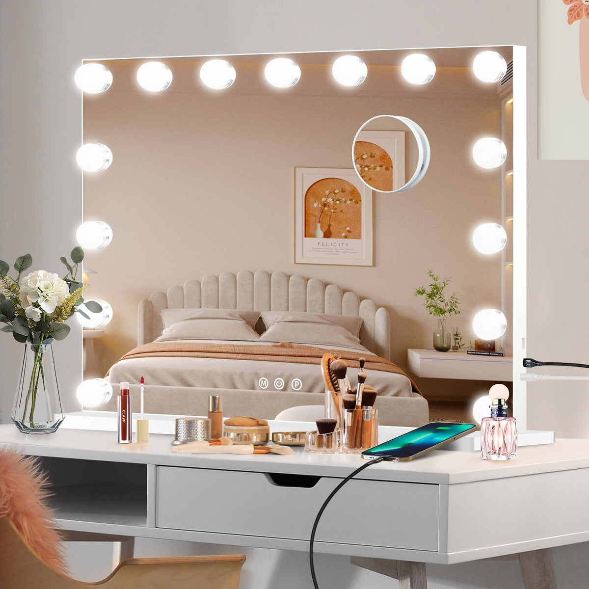 Moonee lifestyle shot on a bedroom vanity creating a polished decor and grooming area