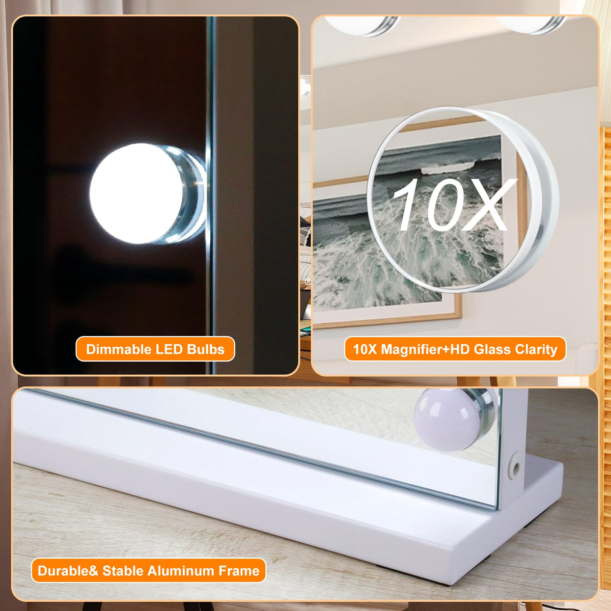 Moonee mirror demonstrating three color modes to match natural or warm lighting
