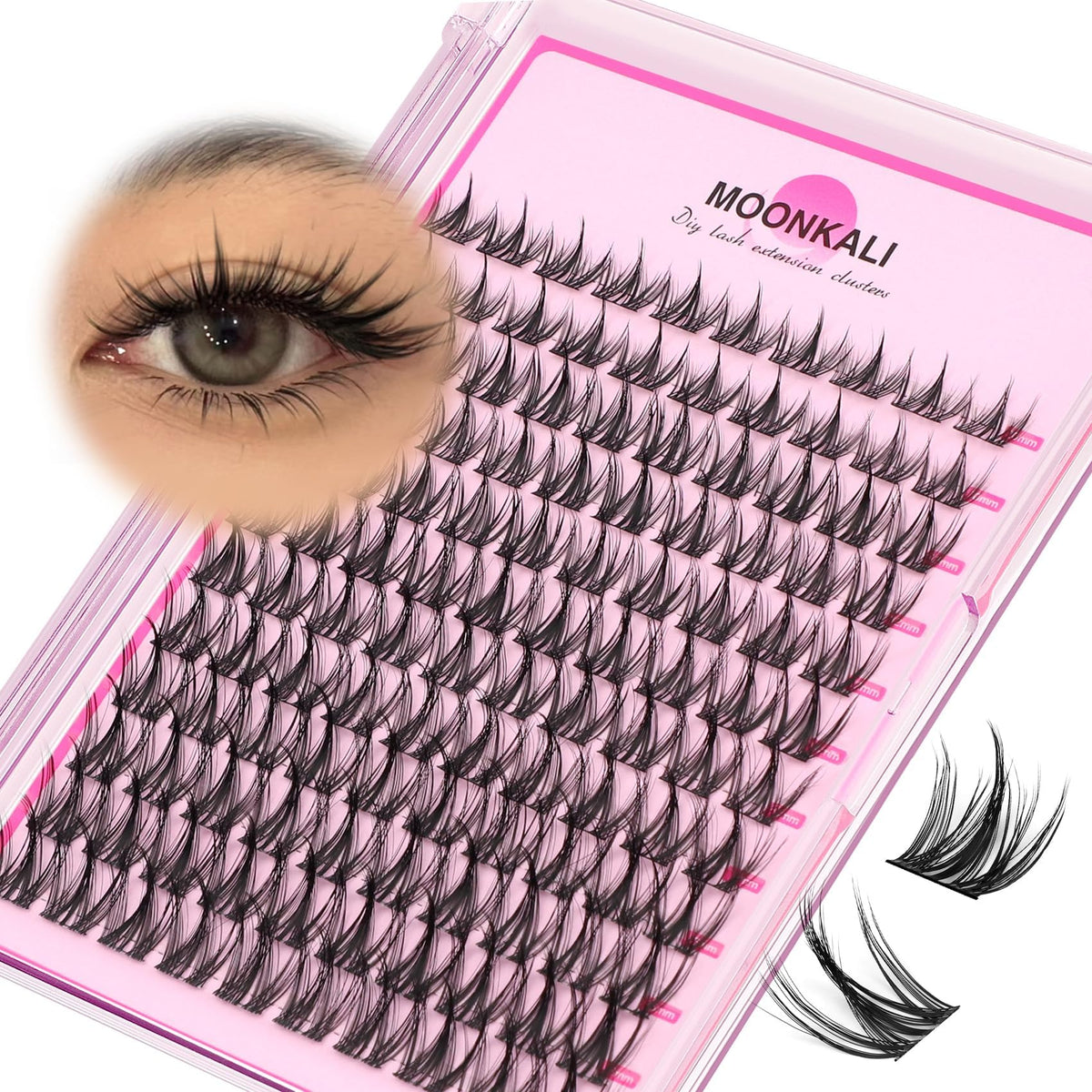 MOONKALI front packaging showing 120pcs wispy clusters and quick benefit