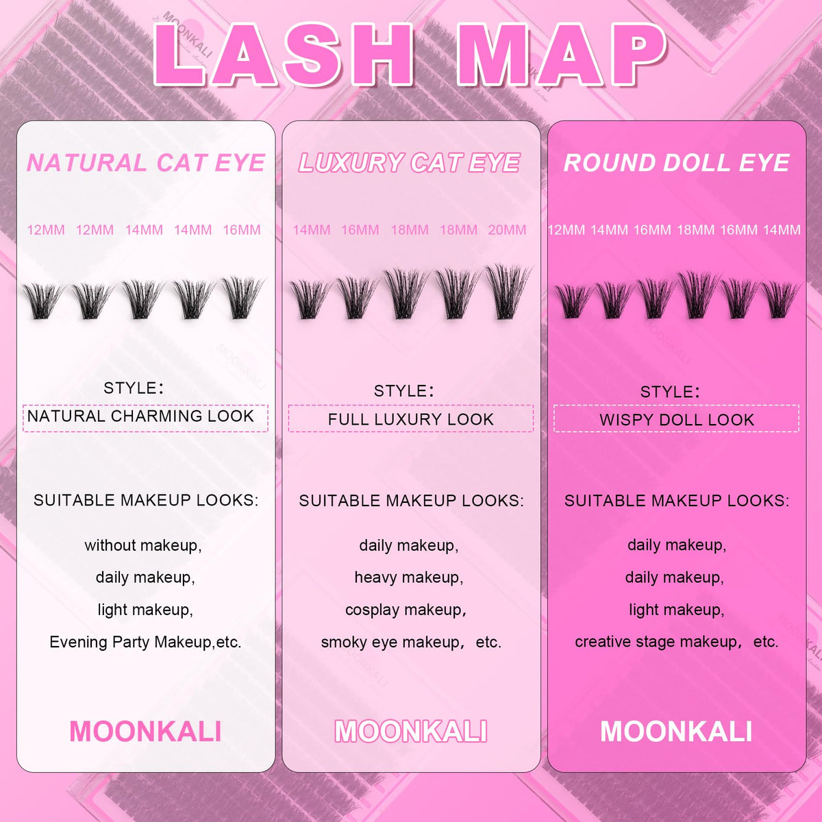 MOONKALI lashes worn on eye demonstrating lifted D-curl effect