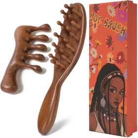 Moreinday loc brush front view showing sandalwood and ergonomic shape for gentle grooming