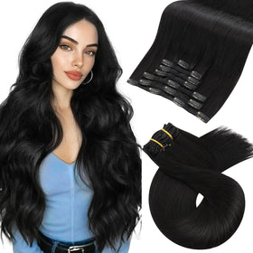Moresoo front packaging in Natural Black showing product benefit of authentic Remy hair